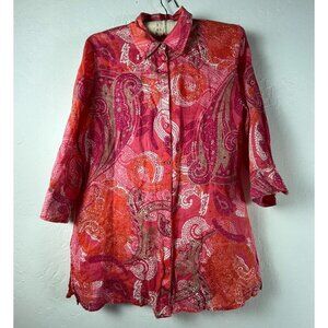 Olsen Fashion Top Womens Red Paisley Button Down Linen Shirt Tunic Size 8 Casual